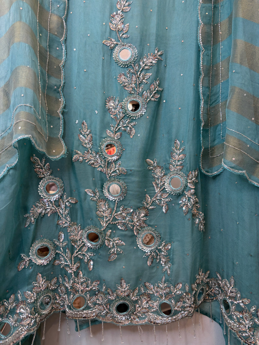 Blue Tissue Burberry Suit Set with Mirror &amp; 3D Sequin Work