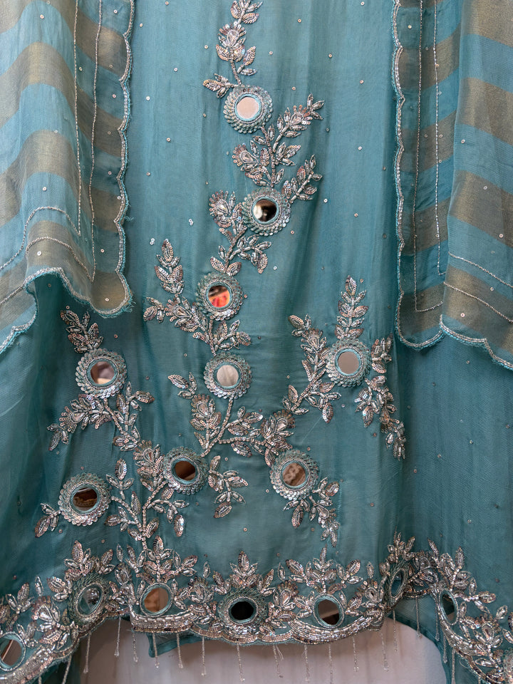 Blue Tissue Burberry Suit Set with Mirror &amp; 3D Sequin Work