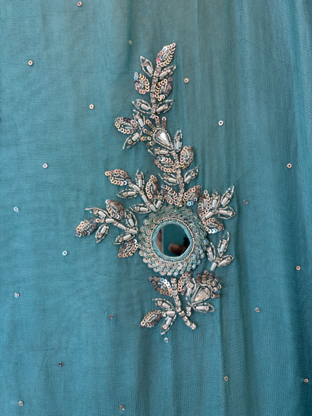 Blue Tissue Burberry Suit Set with Mirror &amp; 3D Sequin Work