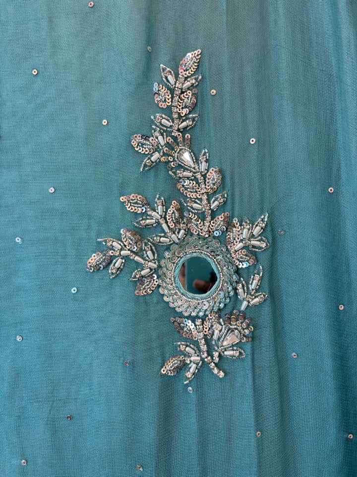 Blue Tissue Burberry Suit Set with Mirror &amp; 3D Sequin Work