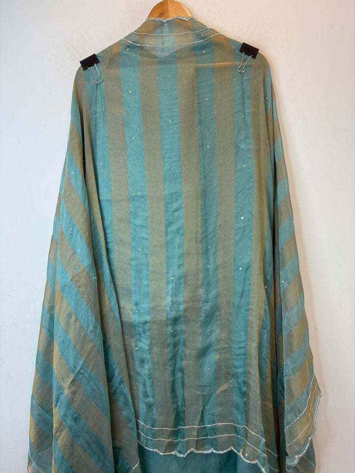 Blue Tissue Burberry Suit Set with Mirror &amp; 3D Sequin Work