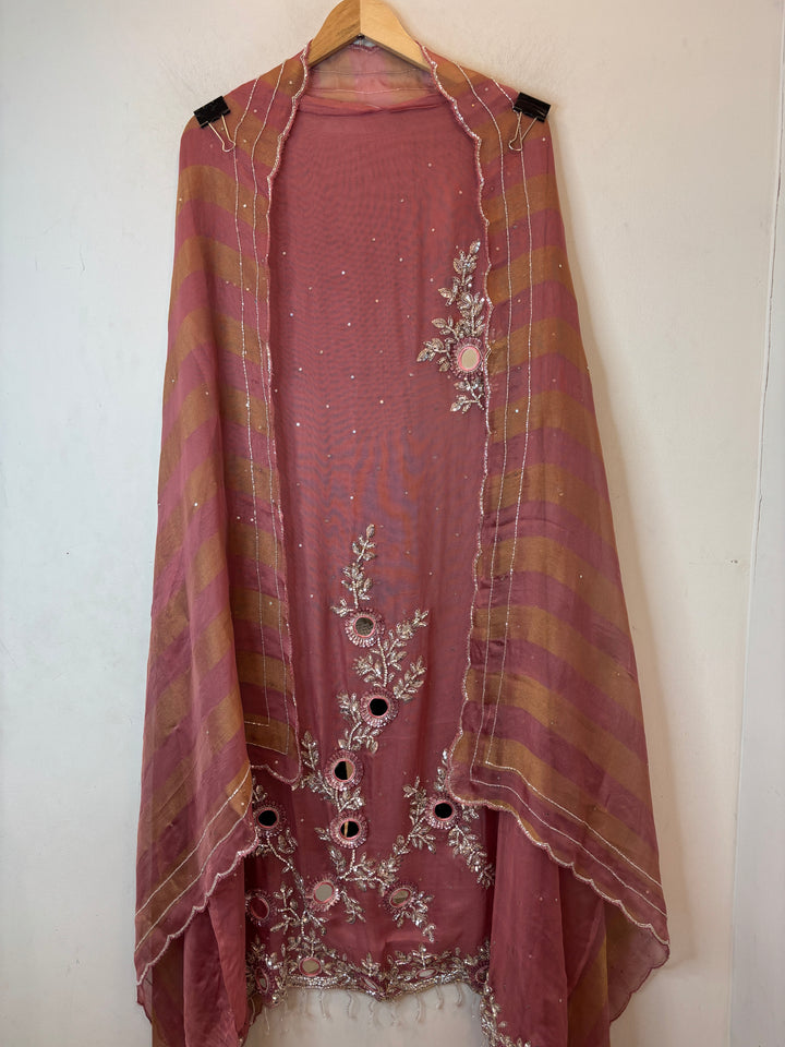 Peach Tissue Burberry Suit Set with Mirror &amp; 3D Sequin Work