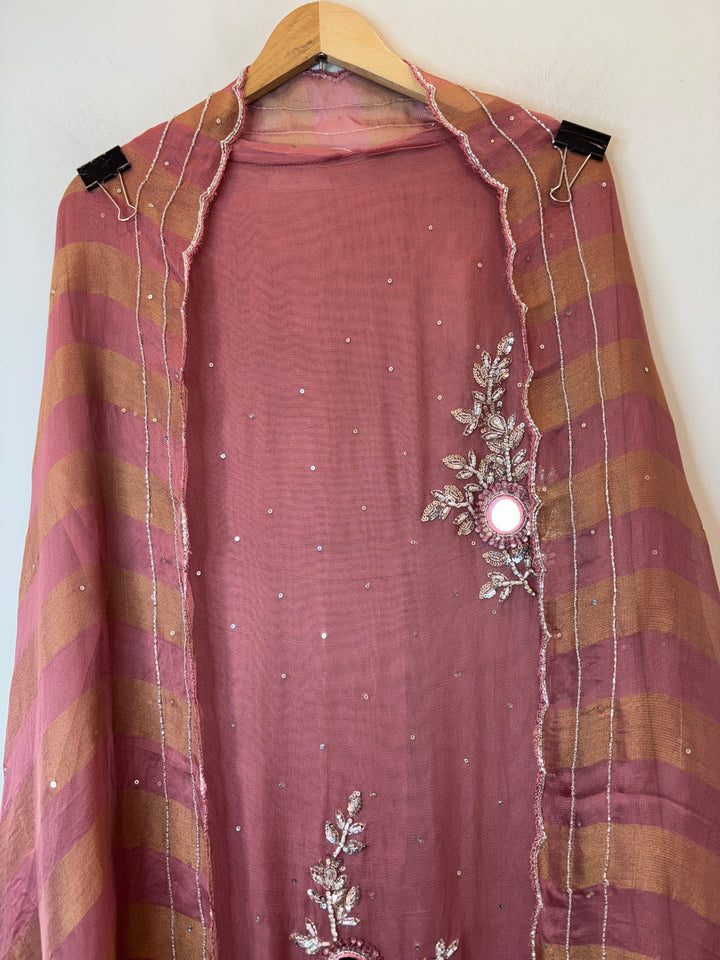 Peach Tissue Burberry Suit Set with Mirror &amp; 3D Sequin Work