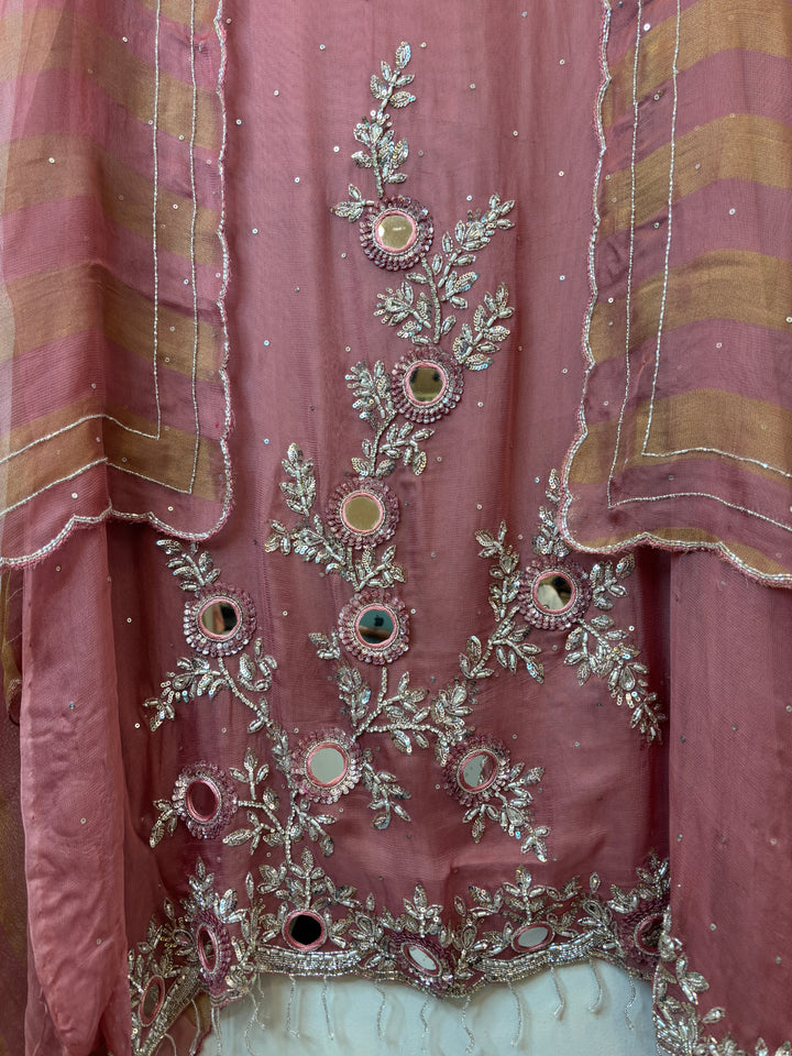 Peach Tissue Burberry Suit Set with Mirror &amp; 3D Sequin Work