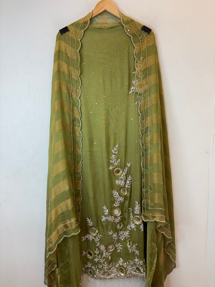 Green Tissue Burberry Suit Set with Mirror &amp; 3D Sequin Work