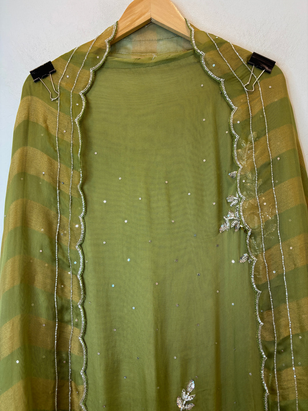 Green Tissue Burberry Suit Set with Mirror &amp; 3D Sequin Work