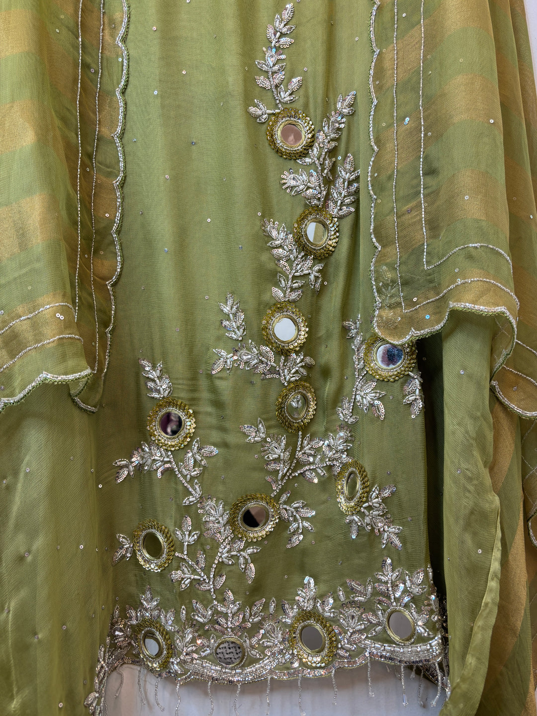 Green Tissue Burberry Suit Set with Mirror &amp; 3D Sequin Work