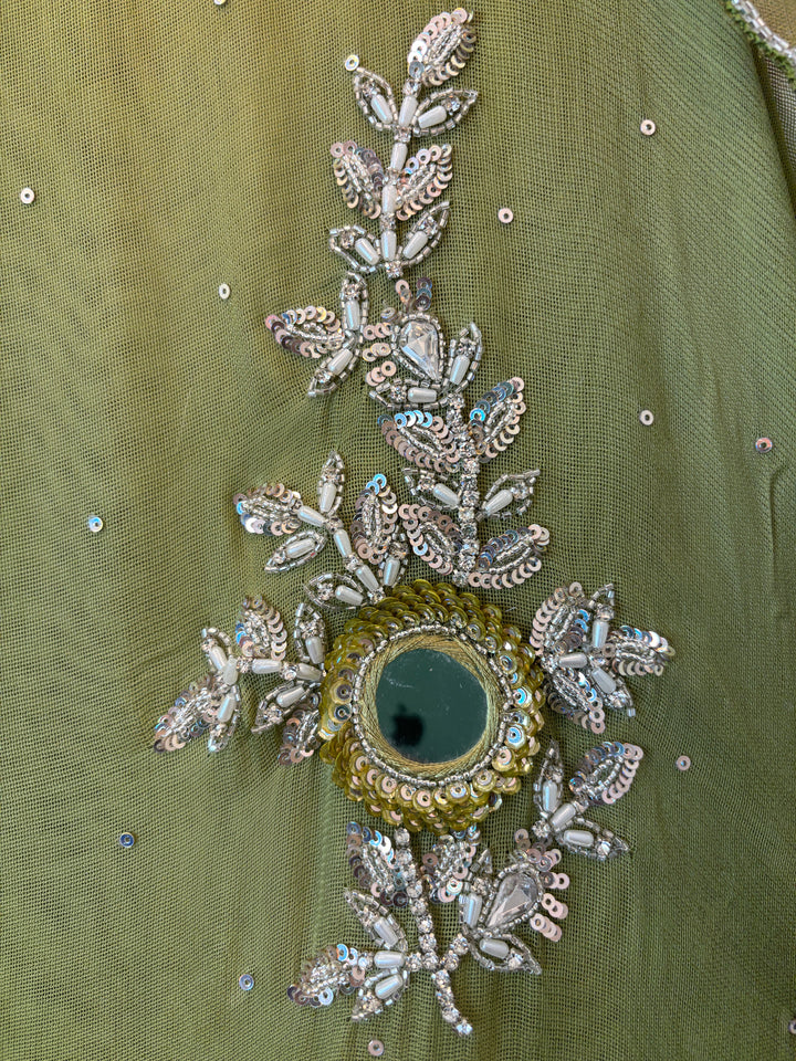 Green Tissue Burberry Suit Set with Mirror &amp; 3D Sequin Work