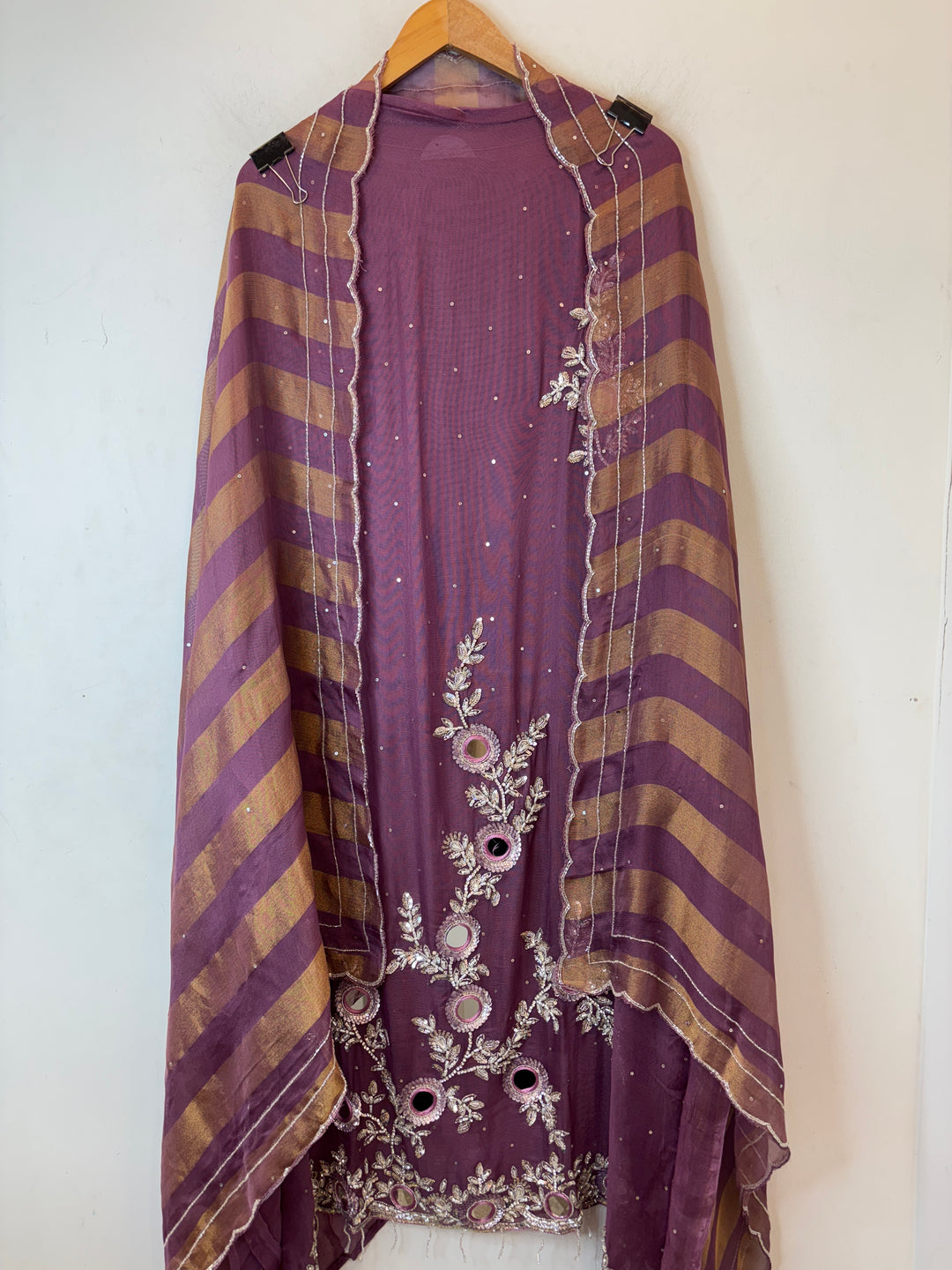 Purple Tissue Burberry Suit Set with Mirror &amp; 3D Sequin Work