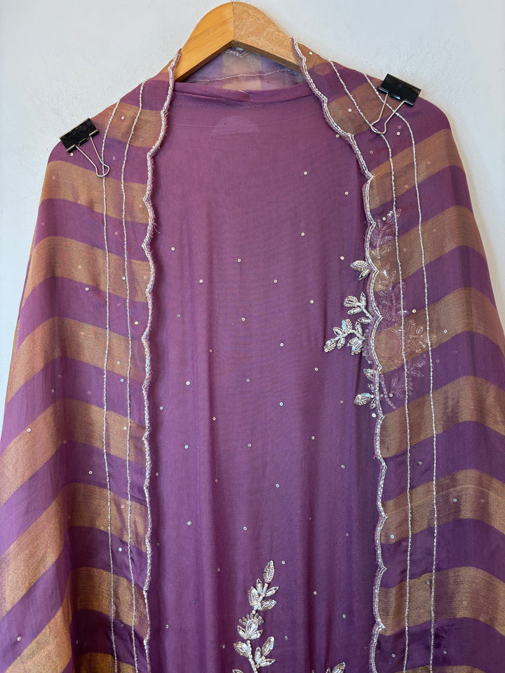 Purple Tissue Burberry Suit Set with Mirror &amp; 3D Sequin Work
