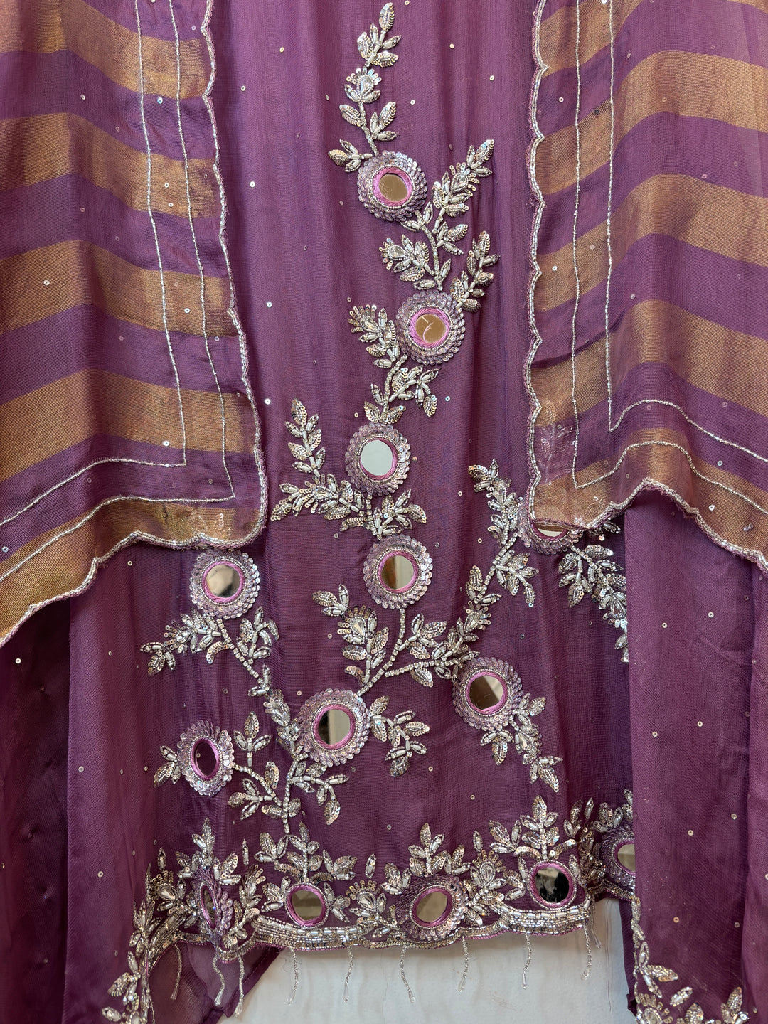 Purple Tissue Burberry Suit Set with Mirror &amp; 3D Sequin Work