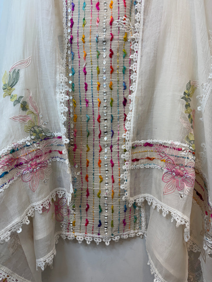 White Mul Cotton Mirror Work Suit Set with Jute &amp; Thread Embroidery