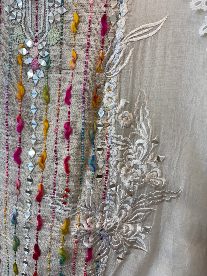 White Mul Cotton Mirror Work Suit Set with Jute &amp; Thread Embroidery
