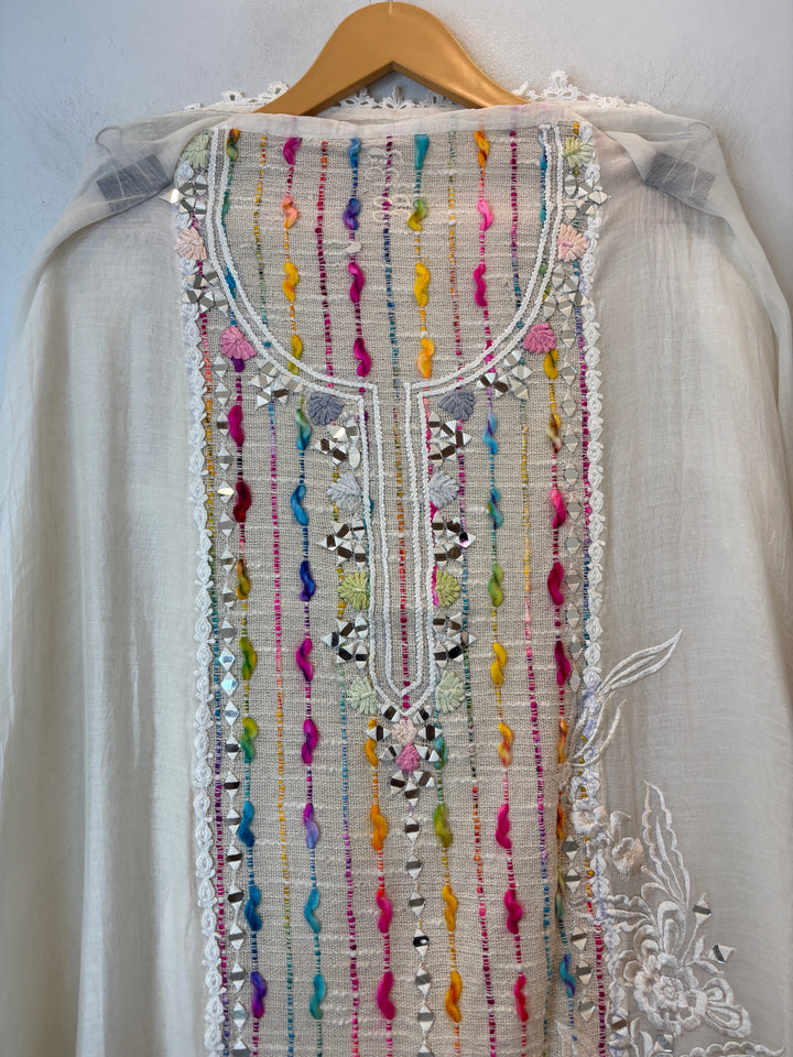 White Mul Cotton Mirror Work Suit Set with Jute &amp; Thread Embroidery