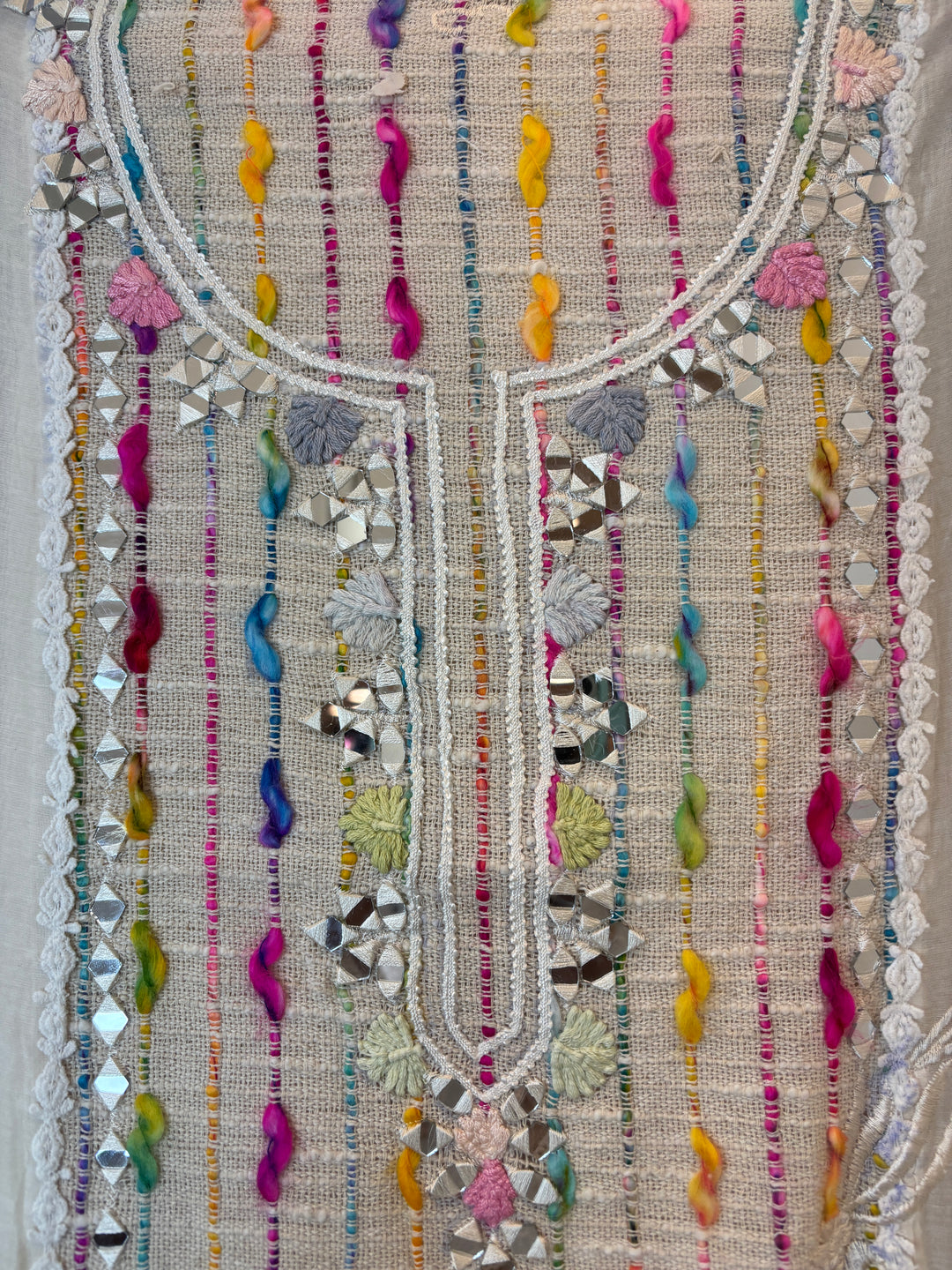 White Mul Cotton Mirror Work Suit Set with Jute &amp; Thread Embroidery