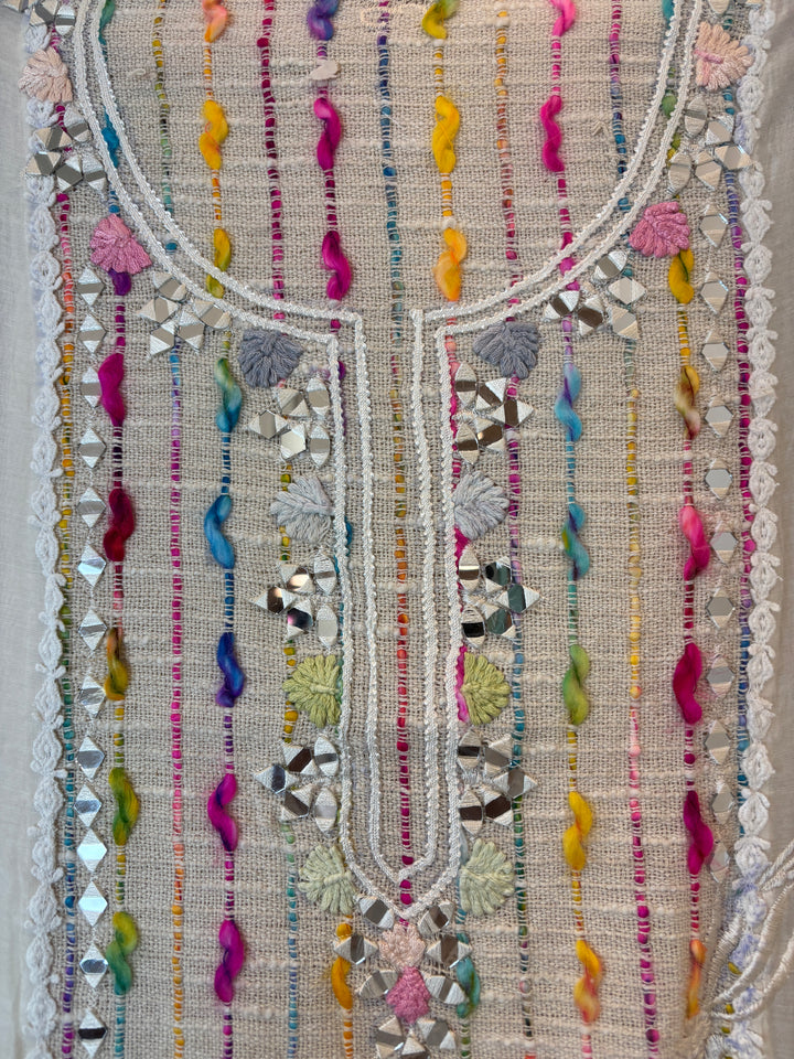 White Mul Cotton Mirror Work Suit Set with Jute &amp; Thread Embroidery
