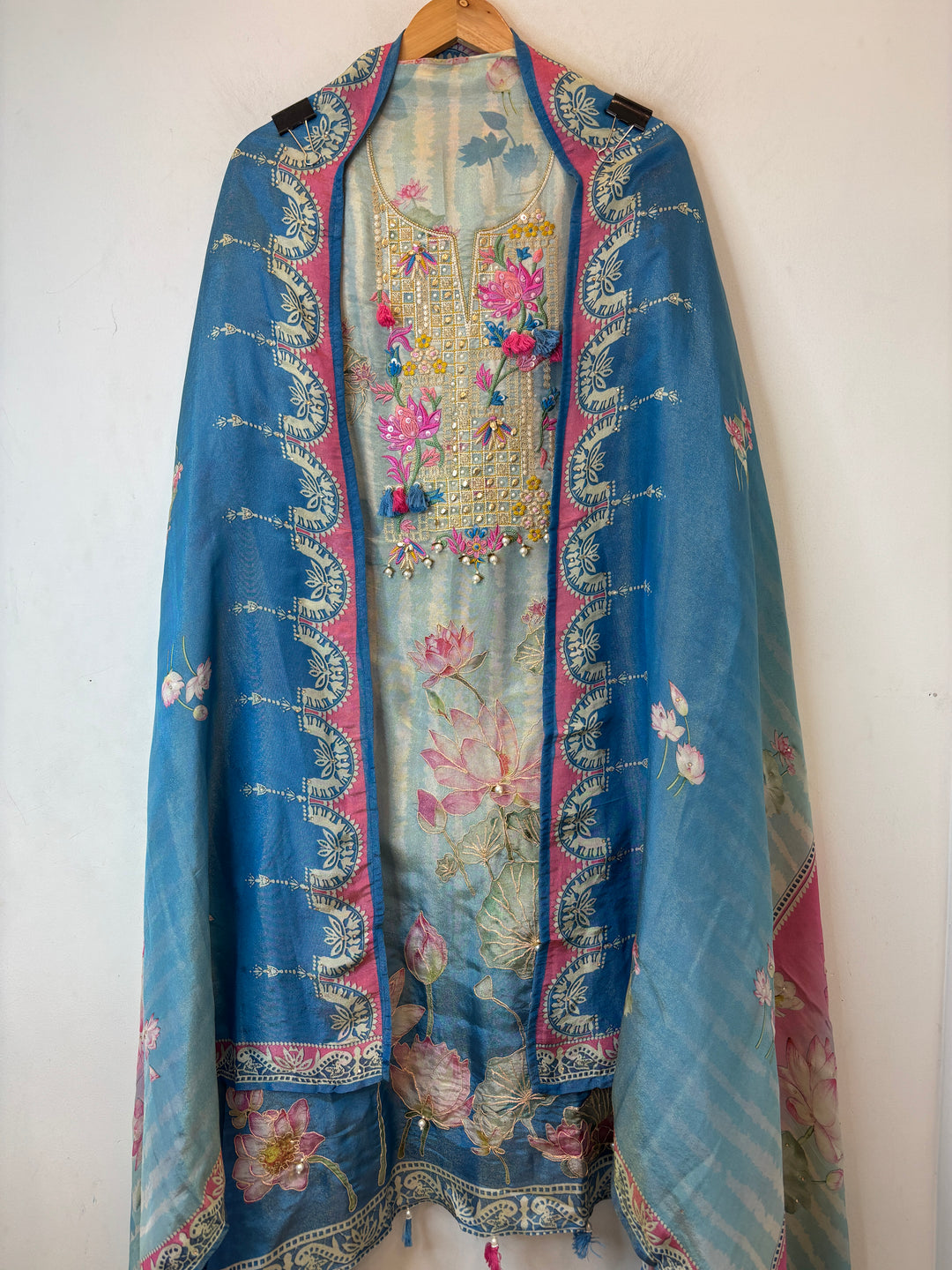 Blue Shimmer Tissue Floral Suit Set with Lotus Embroidery