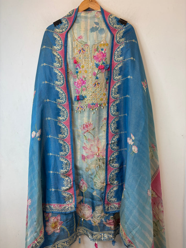 Blue Shimmer Tissue Floral Suit Set with Lotus Embroidery
