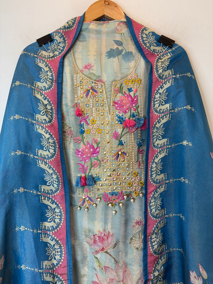 Blue Shimmer Tissue Floral Suit Set with Lotus Embroidery