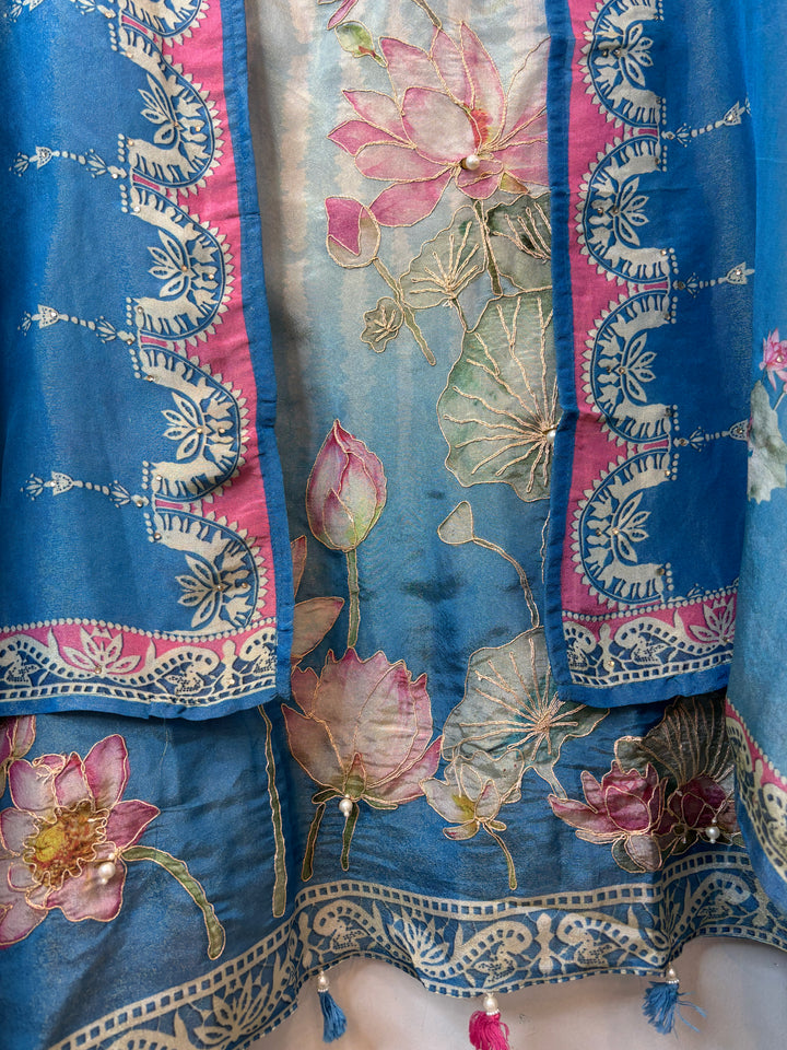 Blue Shimmer Tissue Floral Suit Set with Lotus Embroidery
