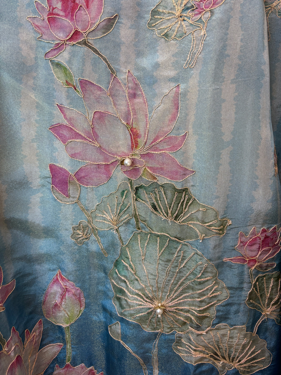 Blue Shimmer Tissue Floral Suit Set with Lotus Embroidery