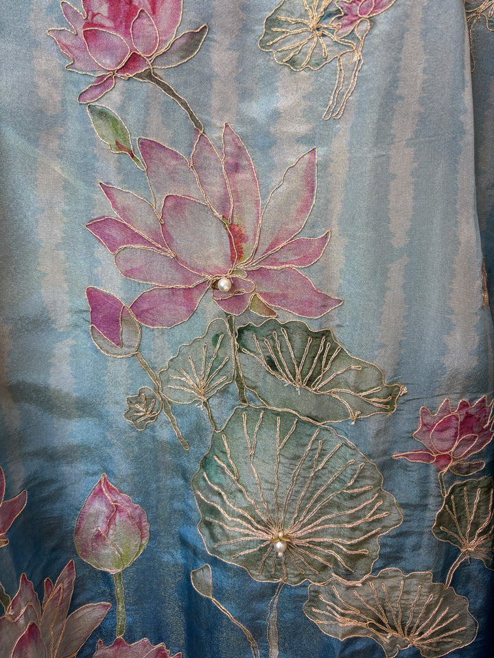 Blue Shimmer Tissue Floral Suit Set with Lotus Embroidery