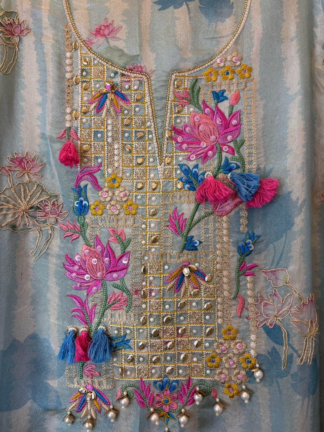 Blue Shimmer Tissue Floral Suit Set with Lotus Embroidery