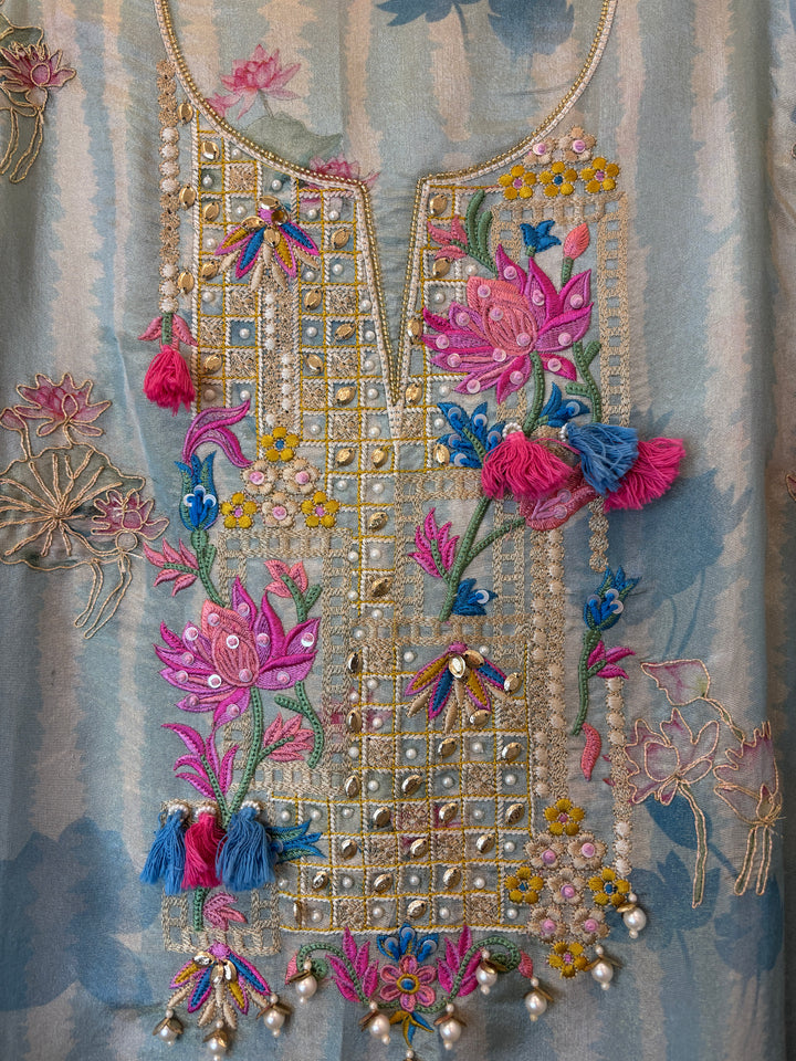 Blue Shimmer Tissue Floral Suit Set with Lotus Embroidery