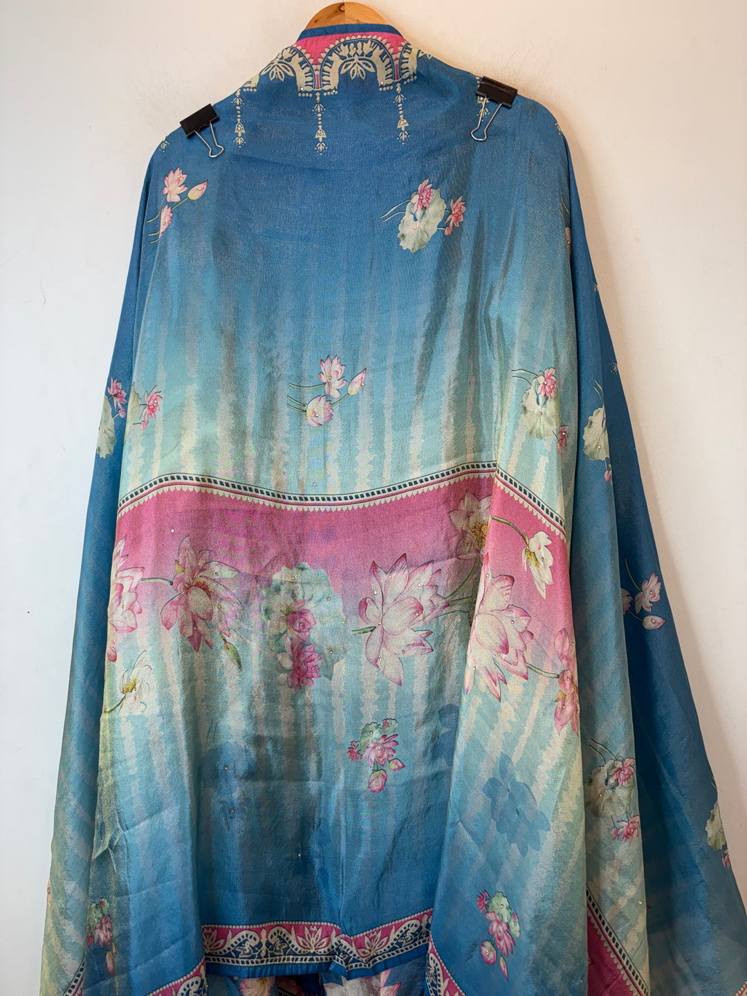 Blue Shimmer Tissue Floral Suit Set with Lotus Embroidery