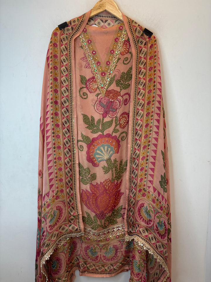 Tissue Burberry Floral Suit Set with Pearl &amp; Cutdana Work