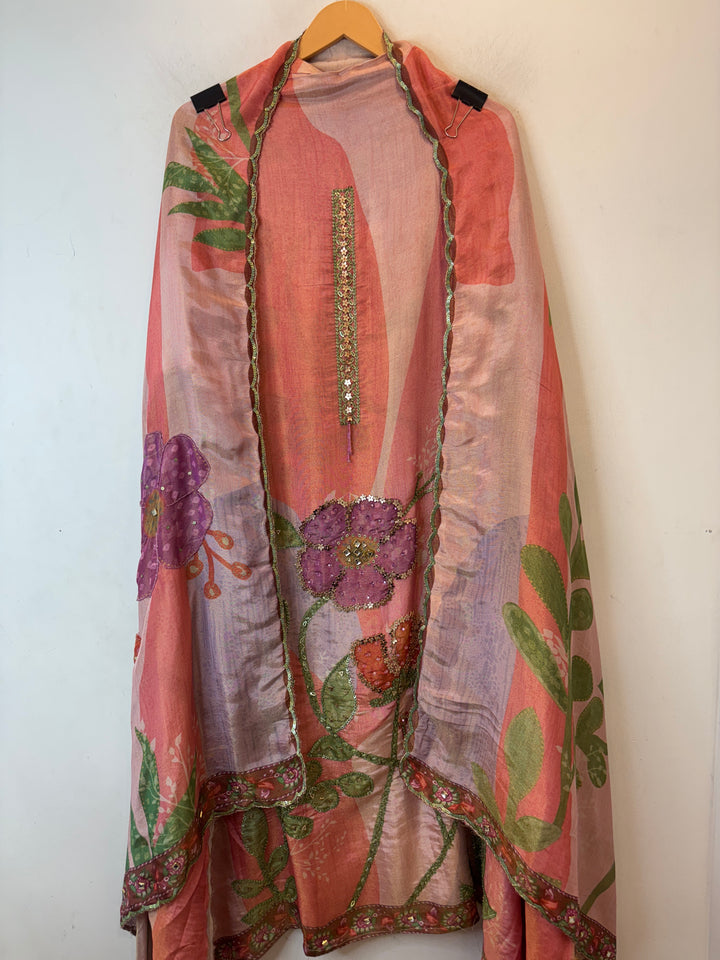 Tissue Embellished Suit Set with Kundan &amp; Leather Patch Work