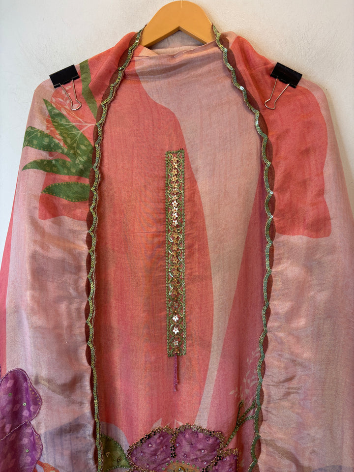 Tissue Embellished Suit Set with Kundan &amp; Leather Patch Work