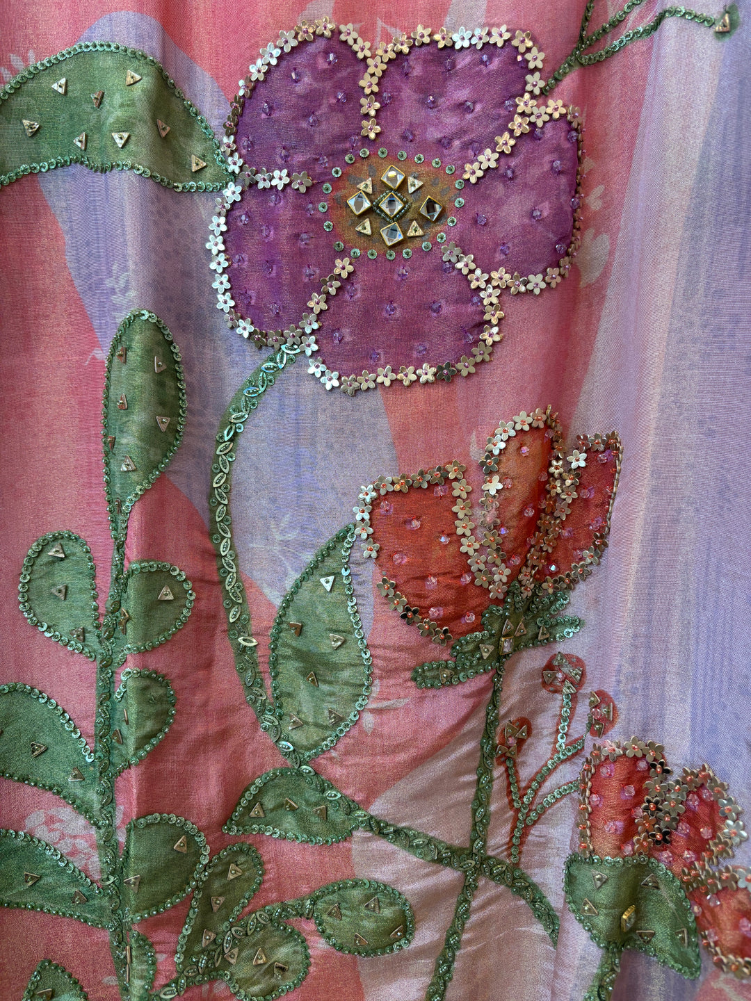Tissue Embellished Suit Set with Kundan &amp; Leather Patch Work