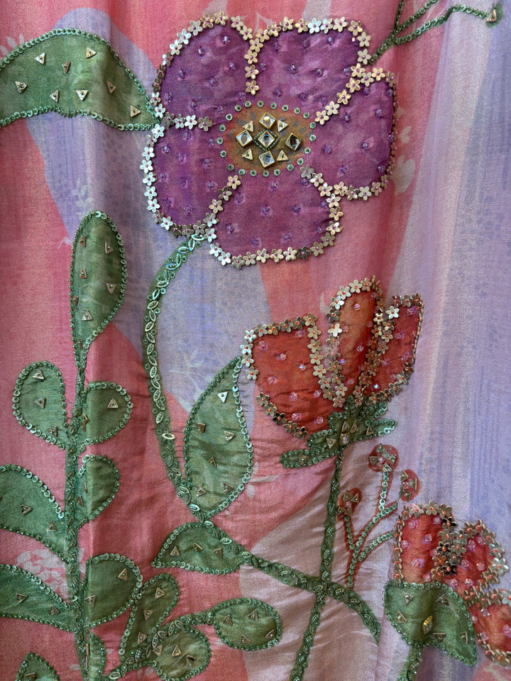 Tissue Embellished Suit Set with Kundan &amp; Leather Patch Work