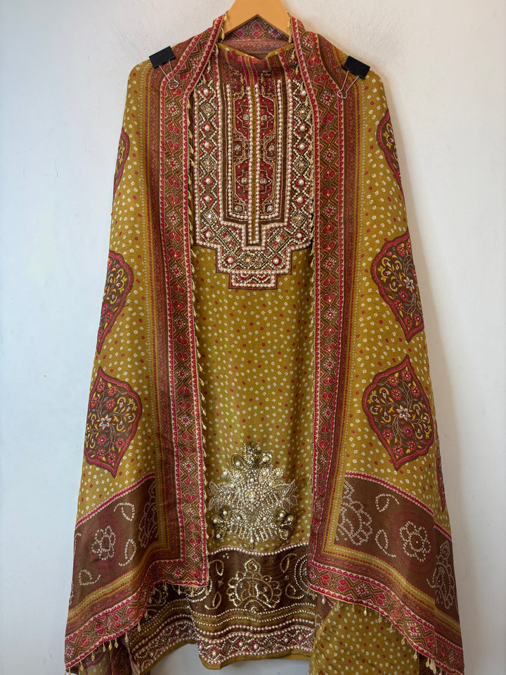 Shimmer Tissue Bandhani Suit Set with Kundan &amp; Zari Work