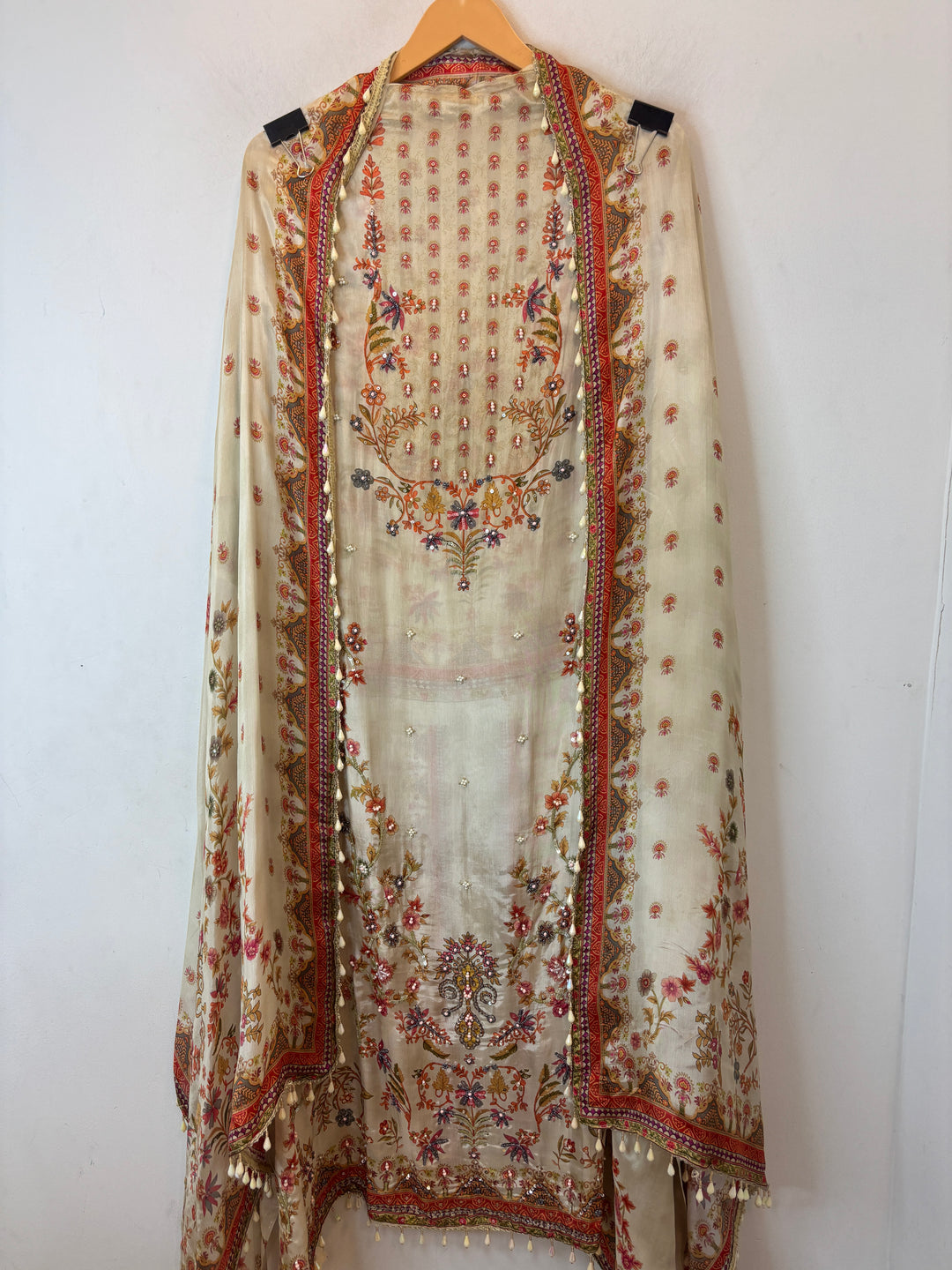 Silk Organza Printed Suit Set with Pearl &amp; Sequin Work