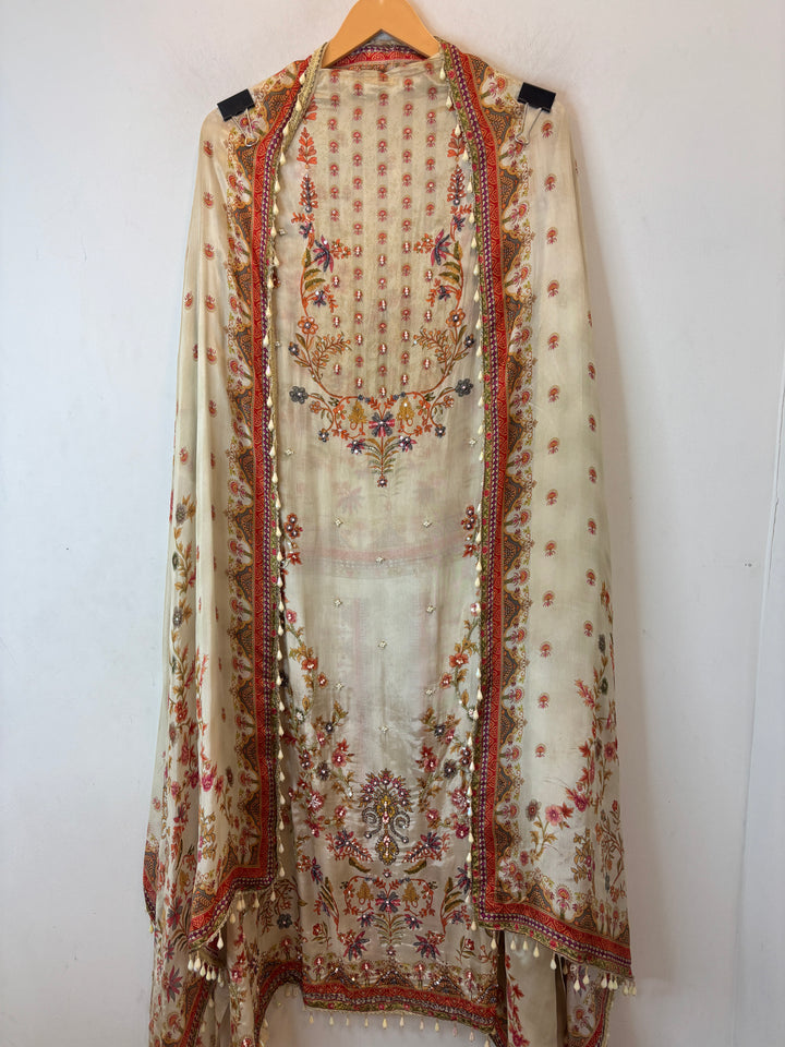 Silk Organza Printed Suit Set with Pearl &amp; Sequin Work