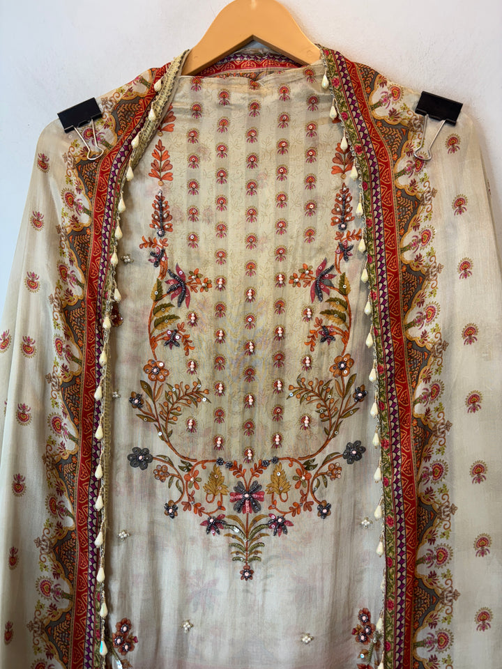 Silk Organza Printed Suit Set with Pearl &amp; Sequin Work