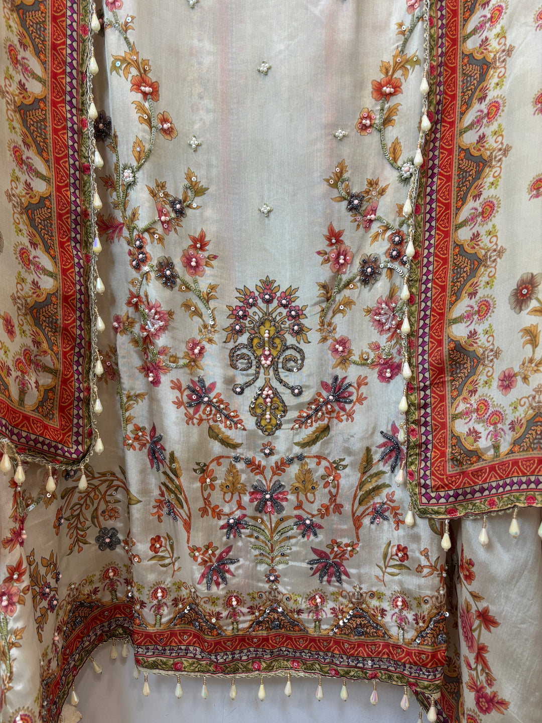 Silk Organza Printed Suit Set with Pearl &amp; Sequin Work