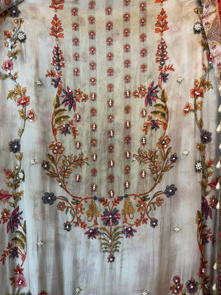 Silk Organza Printed Suit Set with Pearl &amp; Sequin Work