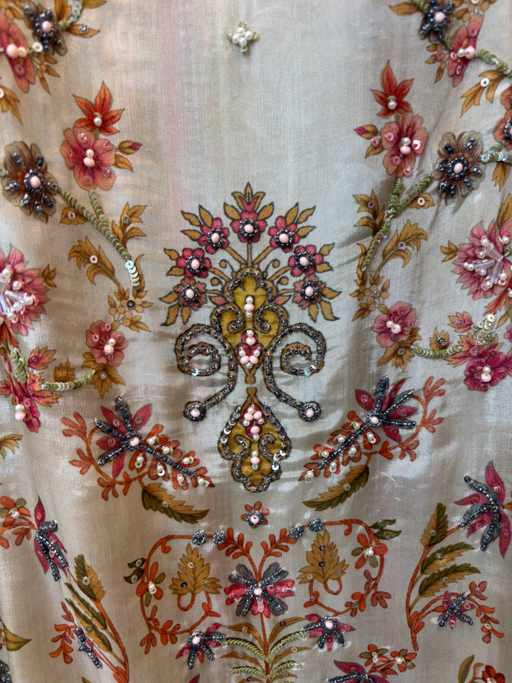 Silk Organza Printed Suit Set with Pearl &amp; Sequin Work