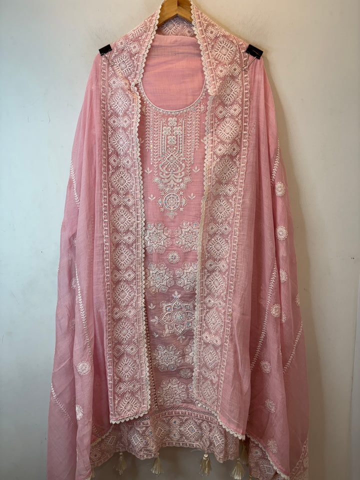 Pink Mul Cotton Embroidered A-Line Suit Set with Crochet &amp; Tassel Detailing