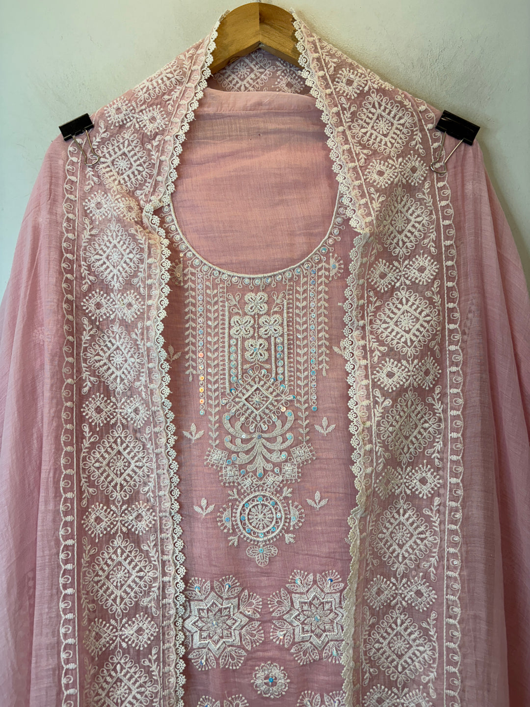 Pink Mul Cotton Embroidered A-Line Suit Set with Crochet &amp; Tassel Detailing
