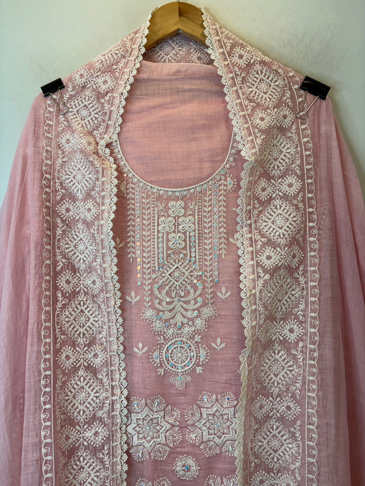 Pink Mul Cotton Embroidered A-Line Suit Set with Crochet &amp; Tassel Detailing