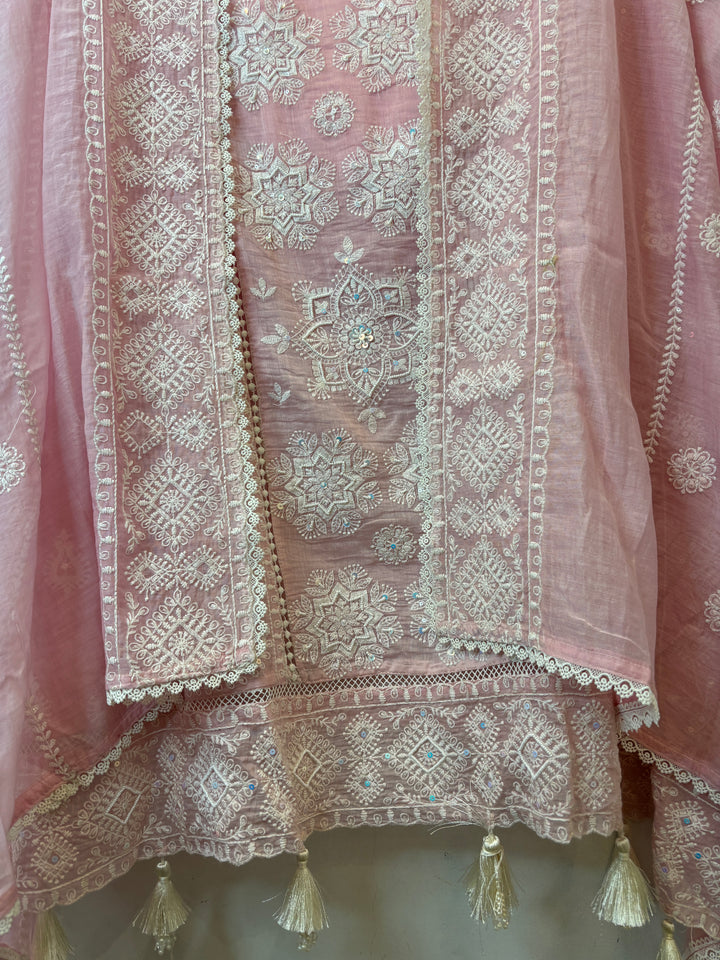 Pink Mul Cotton Embroidered A-Line Suit Set with Crochet &amp; Tassel Detailing