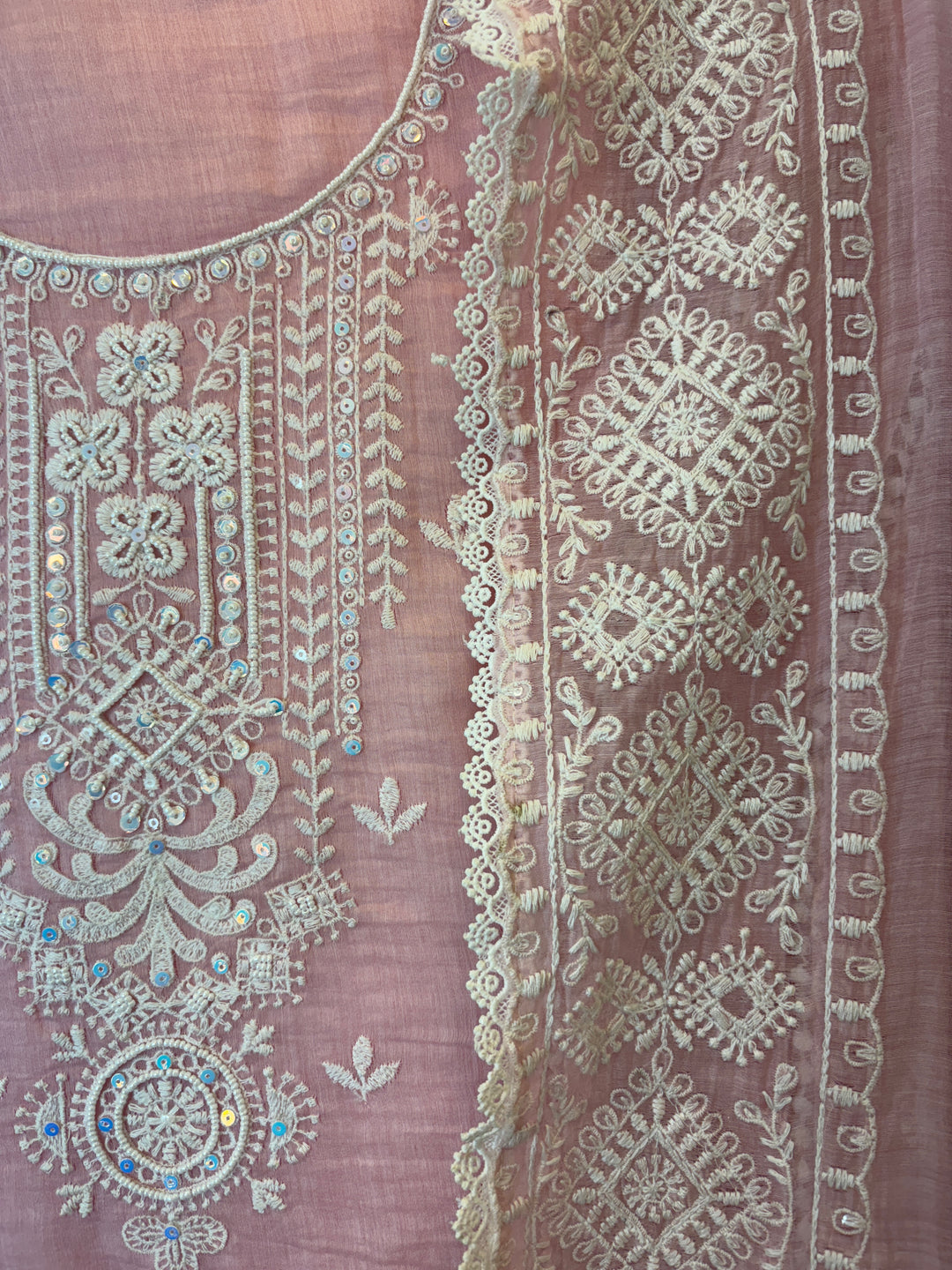 Pink Mul Cotton Embroidered A-Line Suit Set with Crochet &amp; Tassel Detailing