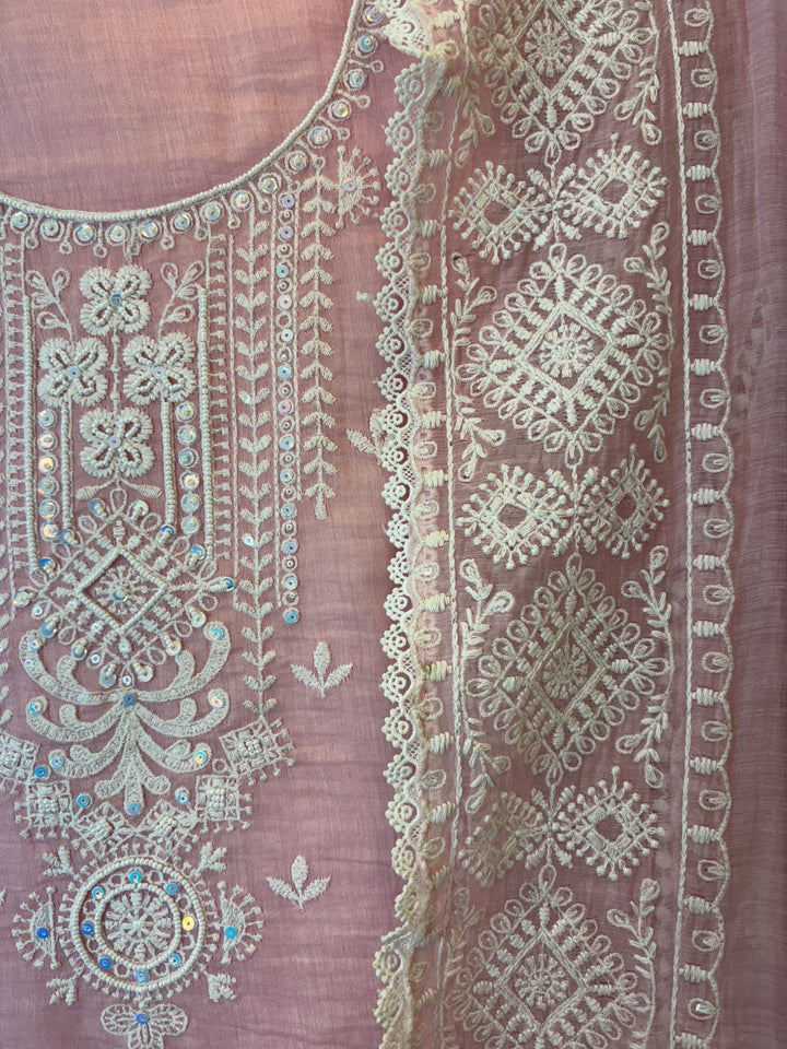 Pink Mul Cotton Embroidered A-Line Suit Set with Crochet &amp; Tassel Detailing