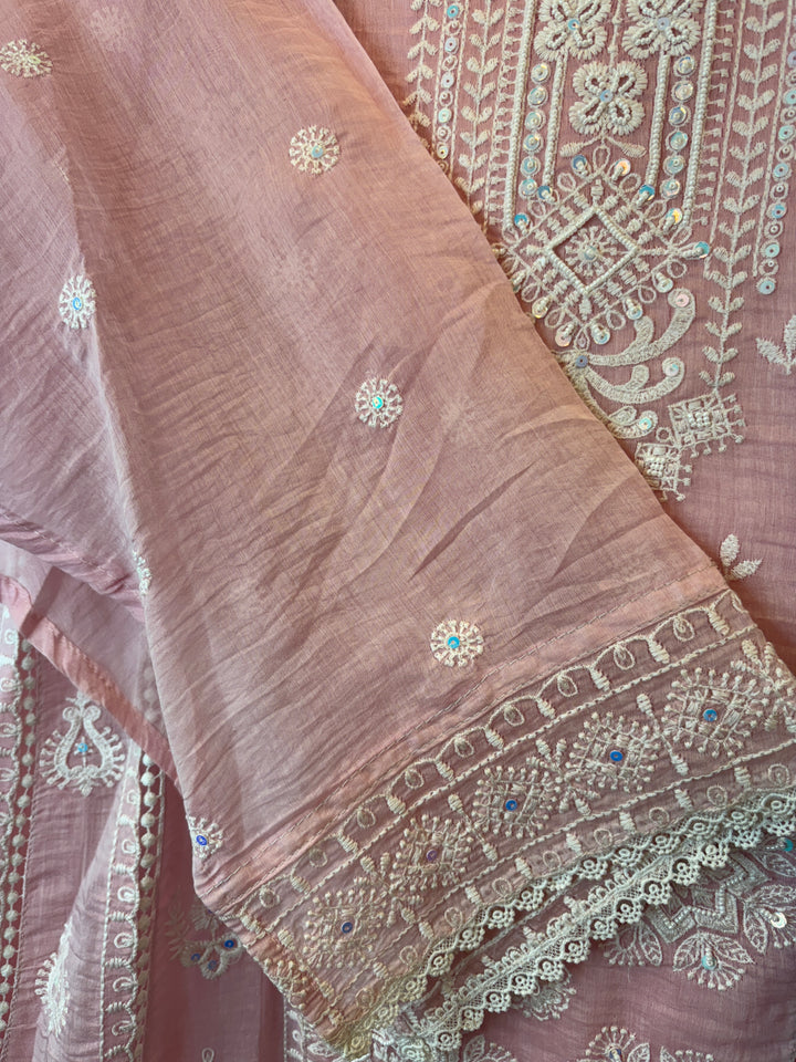 Pink Mul Cotton Embroidered A-Line Suit Set with Crochet &amp; Tassel Detailing