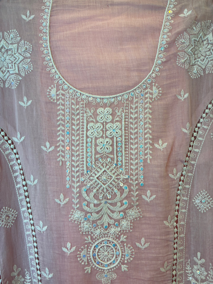 Pink Mul Cotton Embroidered A-Line Suit Set with Crochet &amp; Tassel Detailing