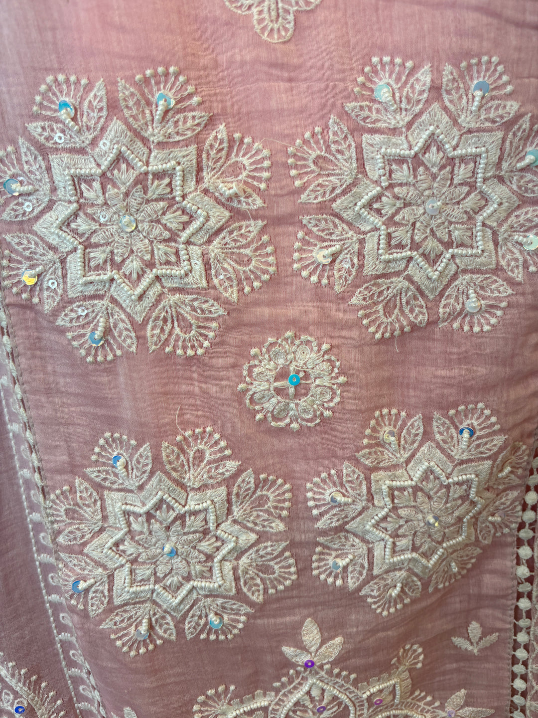 Pink Mul Cotton Embroidered A-Line Suit Set with Crochet &amp; Tassel Detailing